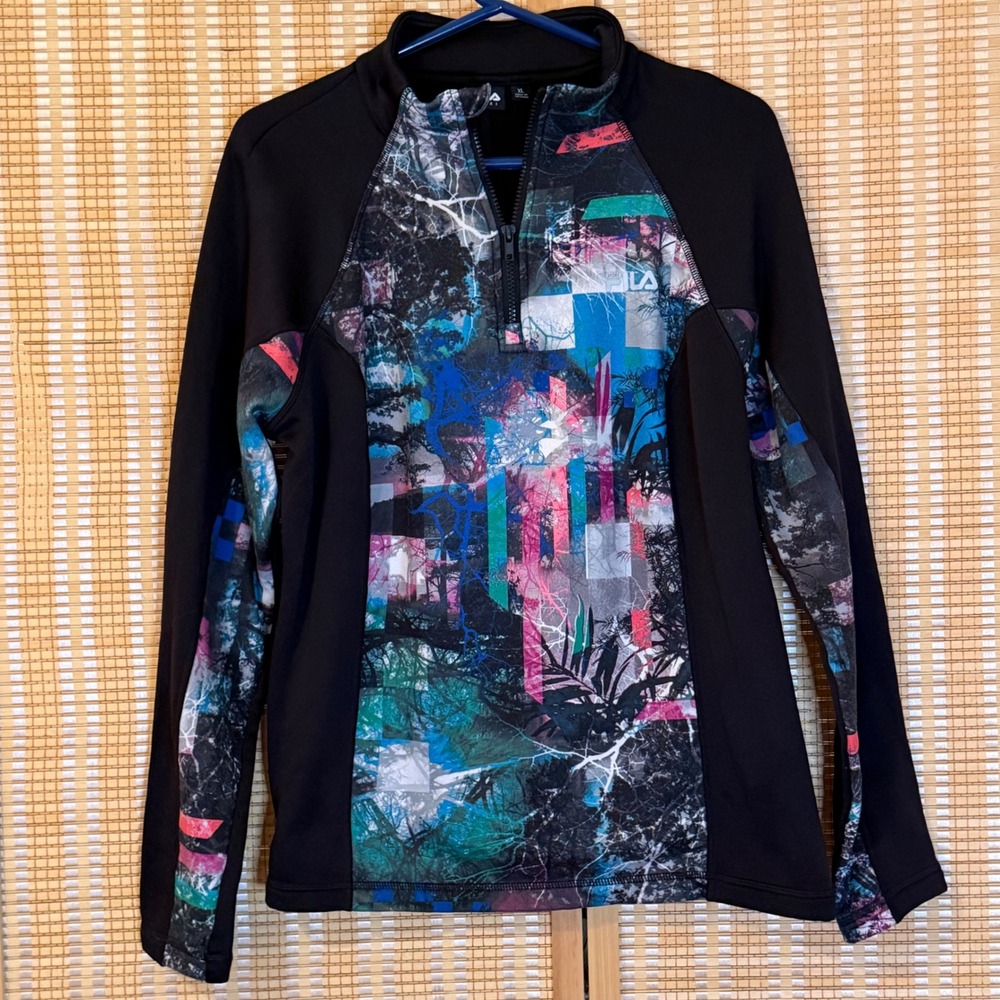 Fila Sport Womens XL Quarter Zip Pullover Abstract Nature Print Black Athletic‎